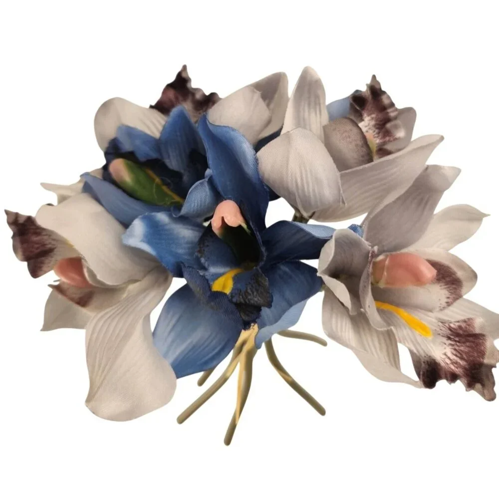 Blue Gray Cymbidium Orchid Artificial Flowers 7 Stem Bundle, Faux Orchid Wedding